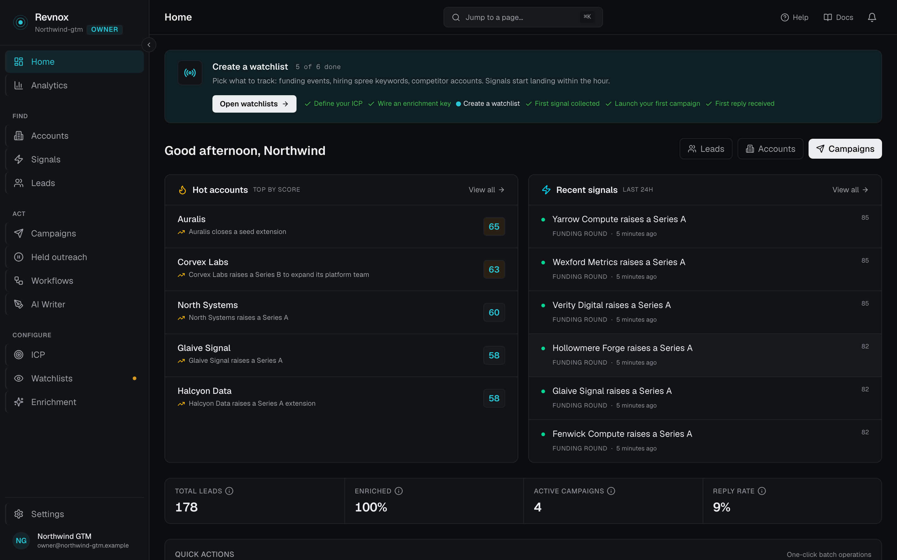 The Revnox home screen: hot accounts ranked by score, signals from the last 24 hours, and the workspace counters beneath them.