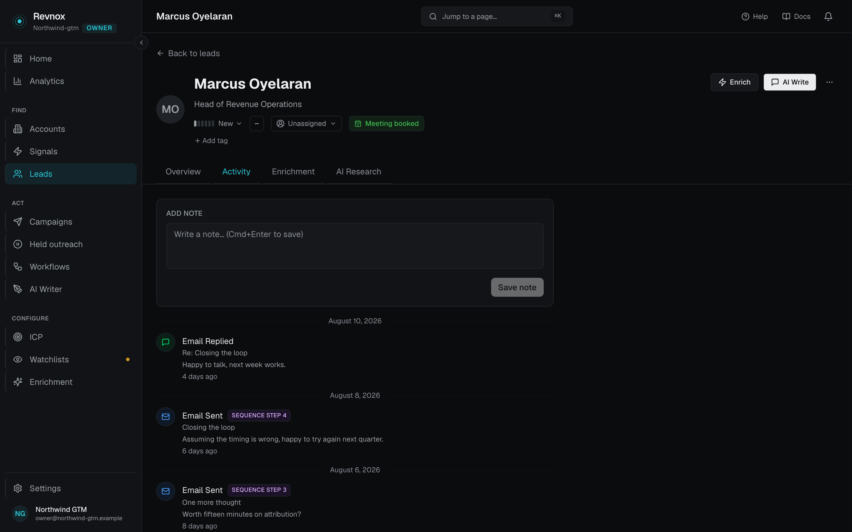 A lead's activity timeline in Revnox: each sent step of the cadence with its subject and body, the sequence step it belonged to, and the reply that followed.
